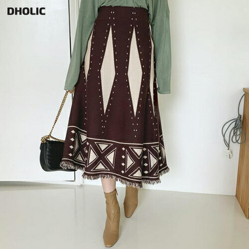 フリンジパターンニットスカート・全3色・b56959 レディース【sk】【韓国 ファッション ボトムス スカート ロング丈 ロングスカート ニットスカート パターン モダン フリンジ ウエストゴム Aライン Aラインスカート 配色 大人 上品 秋 冬】