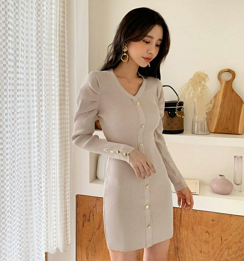 【新作10%OFF】ボタンパフニットワンピース・全2色・t56989 レディース【ops】【韓国 ファッション ワンピース ニッ