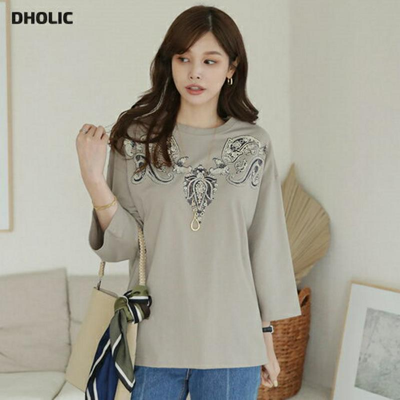 【新作10%OFF】ペイズリー7分丈スリーブTシャツ・全4色・b64300 レディース【tops】【韓国 ファッション トップス