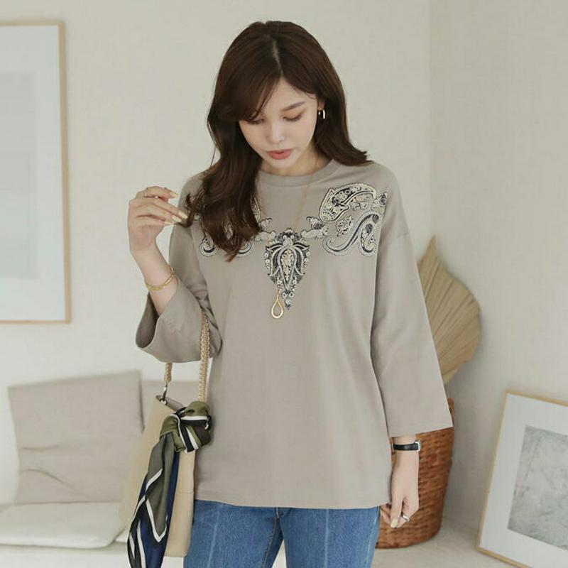 【新作10%OFF】ペイズリー7分丈スリーブTシャツ・全4色・b64300 レディース【tops】【韓国 ファッション トップス