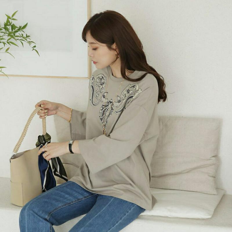 【新作10%OFF】ペイズリー7分丈スリーブTシャツ・全4色・b64300 レディース【tops】【韓国 ファッション トップス
