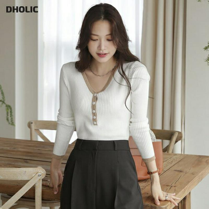 【新作10%OFF】配色リブボタンニット・全3色・b64304 レディース【tops】【韓国 ファッション トップス ニット ニ