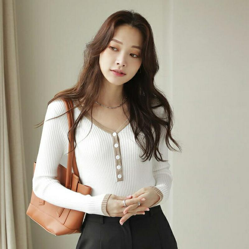 【新作10%OFF】配色リブボタンニット・全3色・b64304 レディース【tops】【韓国 ファッション トップス ニット ニ