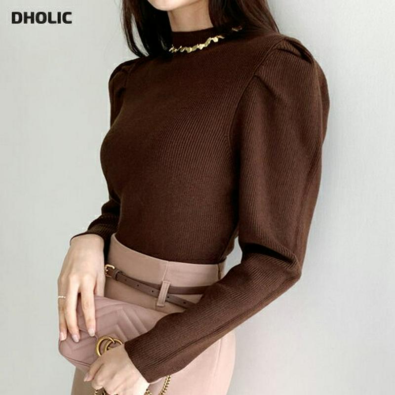 ハーフネックパフニット・全4色・b56973 レディース【tops】【韓国 ファッション トップス ニット ニットトップス パフスリーブ 長袖 ハーフネック シンプル 単色 無地 カジュアル スリム 大人 秋 冬】