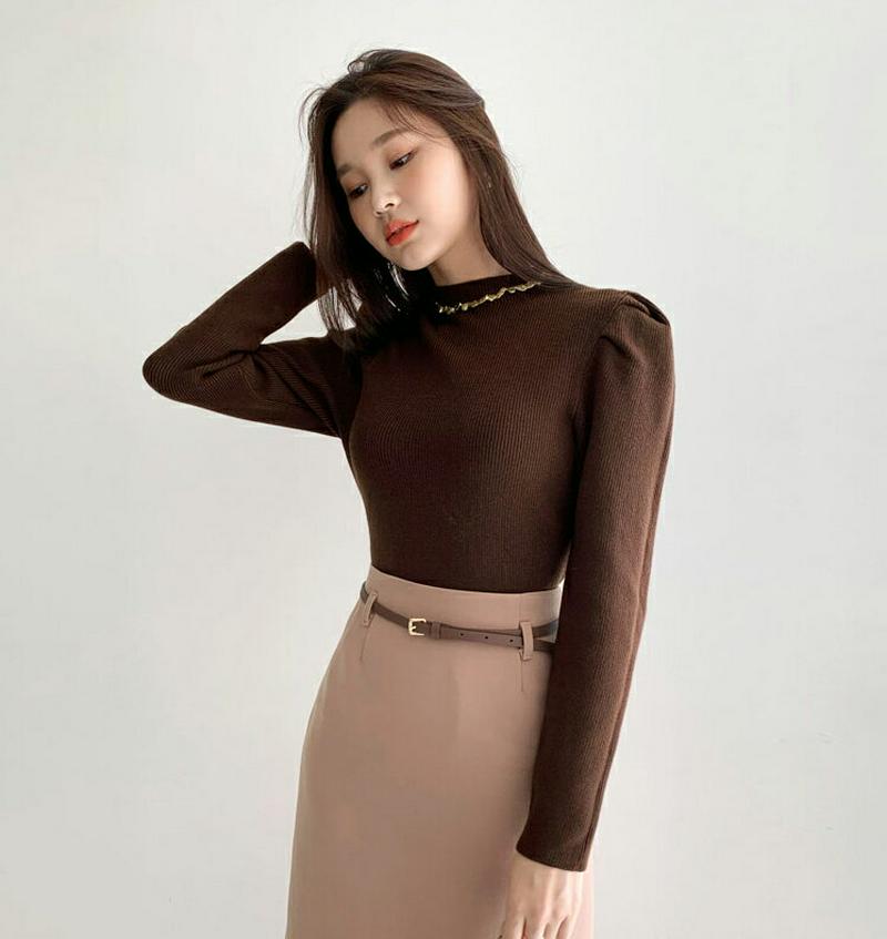 ハーフネックパフニット・全4色・b56973 レディース【tops】【韓国 ファッション トップス ニット ニットトップス パフスリーブ 長袖 ハーフネック シンプル 単色 無地 カジュアル スリム 大人 秋 冬】