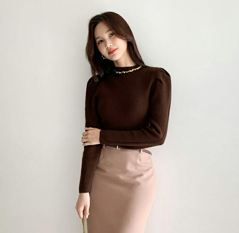 ハーフネックパフニット・全4色・b56973 レディース【tops】【韓国 ファッション トップス ニット ニットトップス パフスリーブ 長袖 ハーフネック シンプル 単色 無地 カジュアル スリム 大人 秋 冬】
