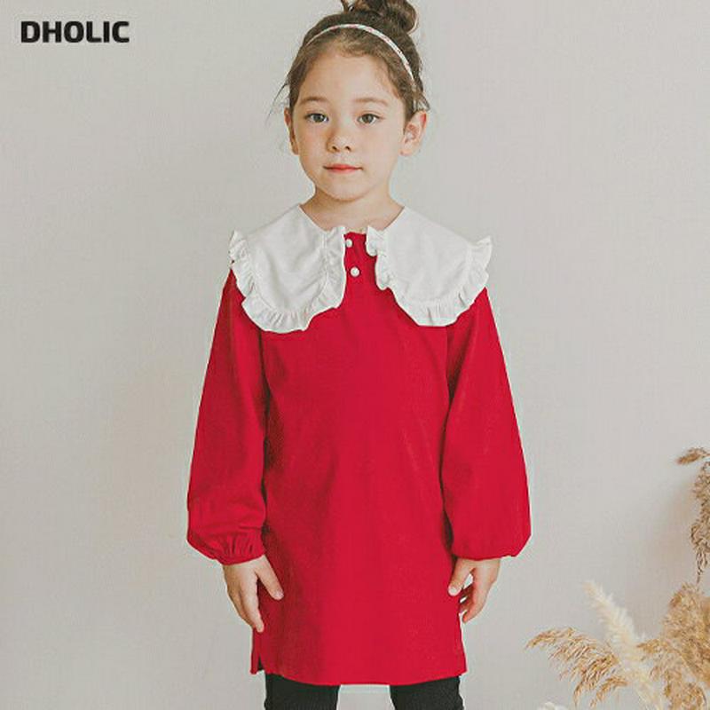 配色フリルカラーTシャツ(レッド)・p006361 キッズ【3~8才】【tops】【トップス Tシャツ 長袖 フリル 襟コンシャス フリルカラー ガーリー 可愛い かわいい 女の子 春 秋 韓国 韓国子供服 子供 こども 子供服 こども服】【KIDS】