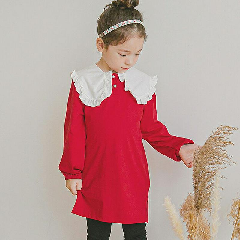 配色フリルカラーTシャツ(レッド)・p006361 キッズ【3~8才】【tops】【トップス Tシャツ 長袖 フリル 襟コンシャス フリルカラー ガーリー 可愛い かわいい 女の子 春 秋 韓国 韓国子供服 子供 こども 子供服 こども服】【KIDS】