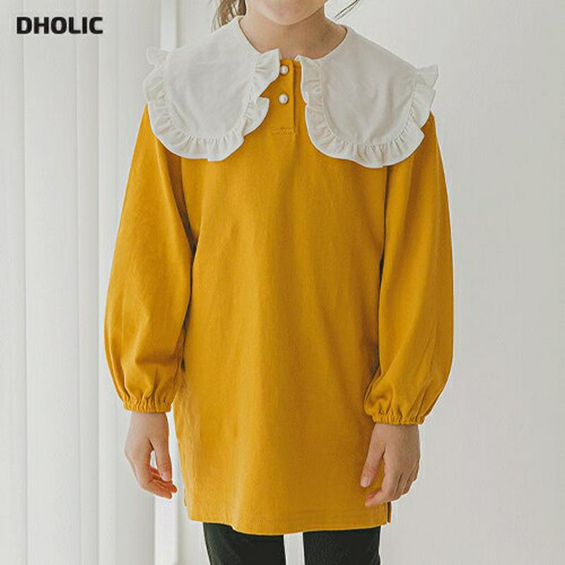 配色フリルカラーTシャツ(マスタード)・p006372 キッズ【3~8才】【tops】【トップス Tシャツ 長袖 フリル 襟コンシャス フリルカラー ガーリー 可愛い かわいい 女の子 春 秋 韓国 韓国子供服 子供 こども 子供服 こども服】【KIDS】