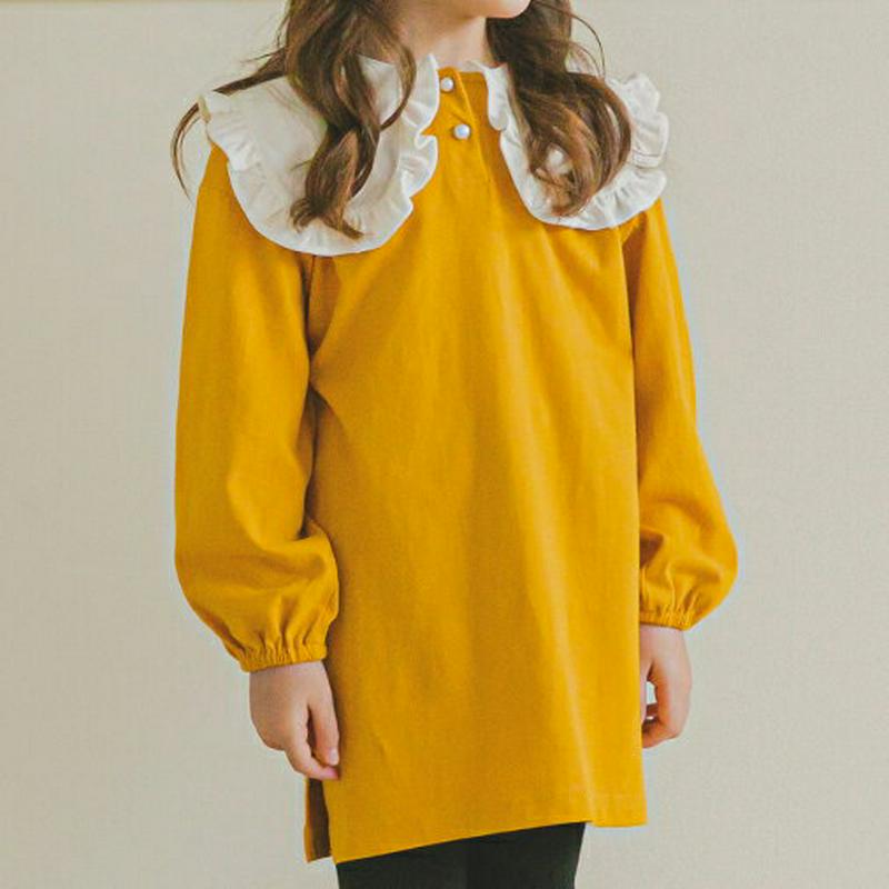 配色フリルカラーTシャツ(マスタード)・p006372 キッズ【3~8才】【tops】【トップス Tシャツ 長袖 フリル 襟コンシャス フリルカラー ガーリー 可愛い かわいい 女の子 春 秋 韓国 韓国子供服 子供 こども 子供服 こども服】【KIDS】