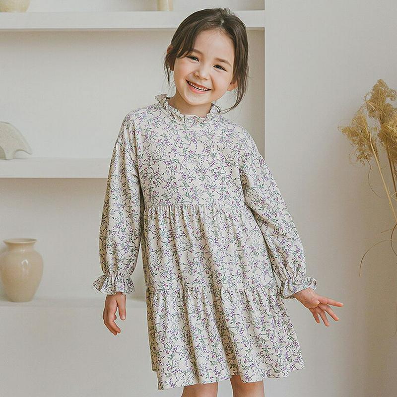 【新作10%OFF】フリル花柄ワンピース(ベージュ)・p006019 キッズ【3~8才】【ops】【ワンピース ミディ丈 ミディ