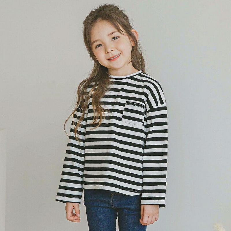 ポケットボーダーTシャツ(ブラック)・p006358 キッズ【3~8才】【tops】【トップス Tシャツ 長袖 ボーダー 柄 カジュアル ロンT ラフ 女の子 男の子 春 秋 韓国 韓国子供服 子供 こども 子供服 こども服】【KIDS】