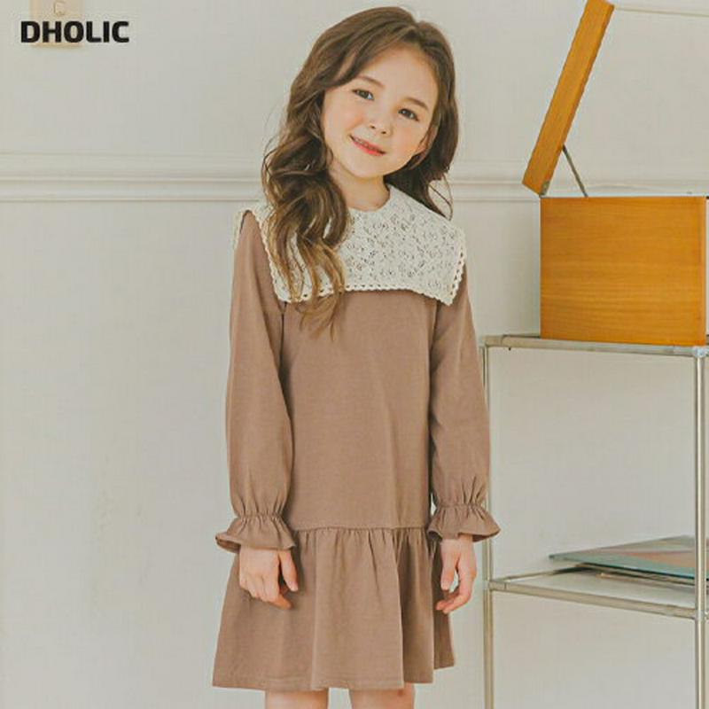 レースボックスカラーワンピース(ブラウン)・p006013 キッズ【3~8才】【ops】【ワンピース ミディ丈 ミディワンピース 長袖 レース ガーリー 可愛い かわいい 春 秋 女の子 韓国 韓国子供服 子供 こども 子供服 こども服】【KIDS】