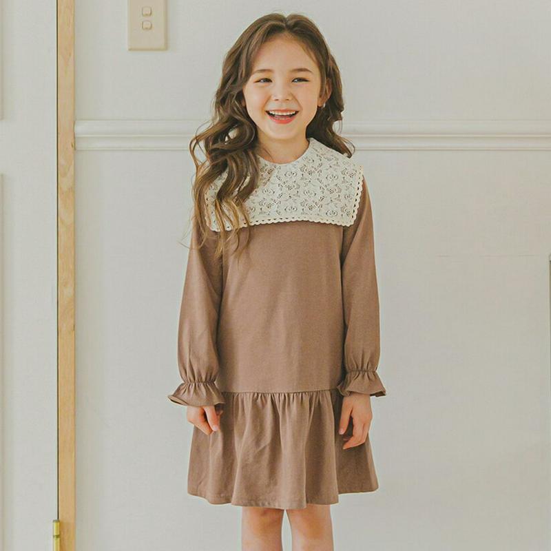 レースボックスカラーワンピース(ブラウン)・p006013 キッズ【3~8才】【ops】【ワンピース ミディ丈 ミディワンピース 長袖 レース ガーリー 可愛い かわいい 春 秋 女の子 韓国 韓国子供服 子供 こども 子供服 こども服】【KIDS】