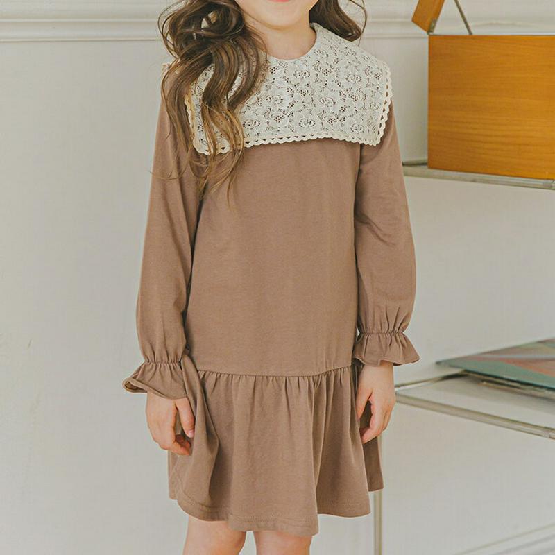 レースボックスカラーワンピース(ブラウン)・p006013 キッズ【3~8才】【ops】【ワンピース ミディ丈 ミディワンピース 長袖 レース ガーリー 可愛い かわいい 春 秋 女の子 韓国 韓国子供服 子供 こども 子供服 こども服】【KIDS】