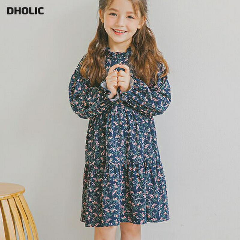 フリル花柄ワンピース(ネイビー)・p006018 キッズ【3~8才】【ops】【ワンピース ミディ丈 ミディワンピース 長袖 花柄 フラワー フリル ガーリー かわいい 可愛い 春 秋 女の子 韓国 韓国子供服 子供 こども 子供服 こども服】【KIDS】