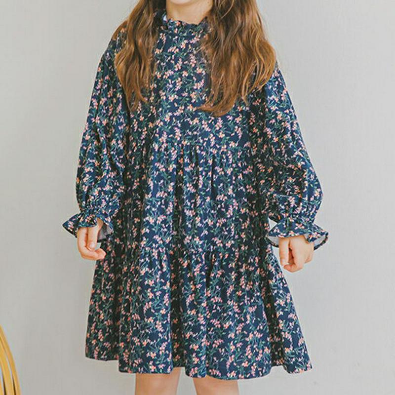 フリル花柄ワンピース(ネイビー)・p006018 キッズ【3~8才】【ops】【ワンピース ミディ丈 ミディワンピース 長袖 花柄 フラワー フリル ガーリー かわいい 可愛い 春 秋 女の子 韓国 韓国子供服 子供 こども 子供服 こども服】【KIDS】