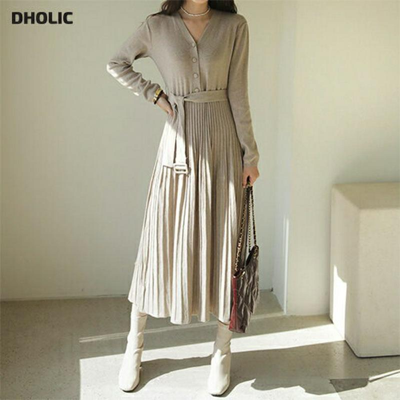 ベルト付ボタンニットワンピース・全2色・t64392 レディース【ops】【韓国 ファッション ワンピース ロングワンピース ニ