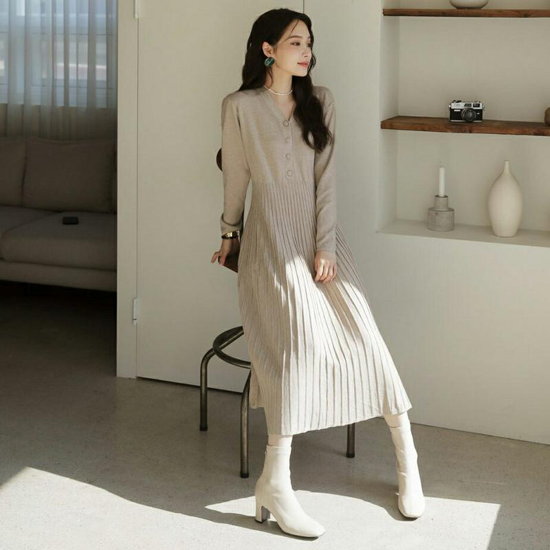 ベルト付ボタンニットワンピース・全2色・t64392 レディース【ops】【韓国 ファッション ワンピース ロングワンピース ニ