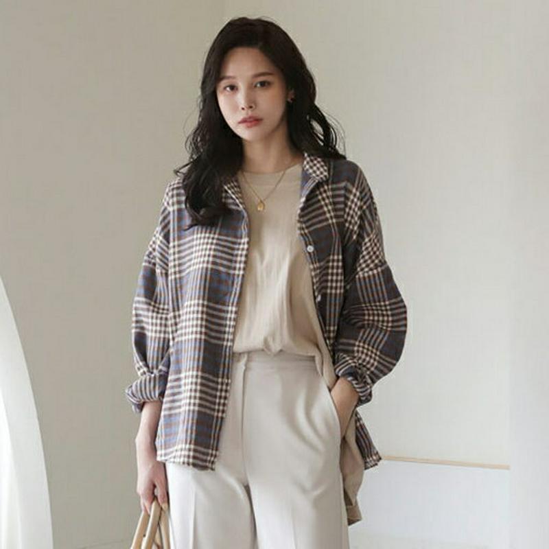 ルーズチェックシャツ・全3色・b64380 レディース【bl】【韓国 ファッション トップス シャツ 長袖 ロングスリーブ ボリ