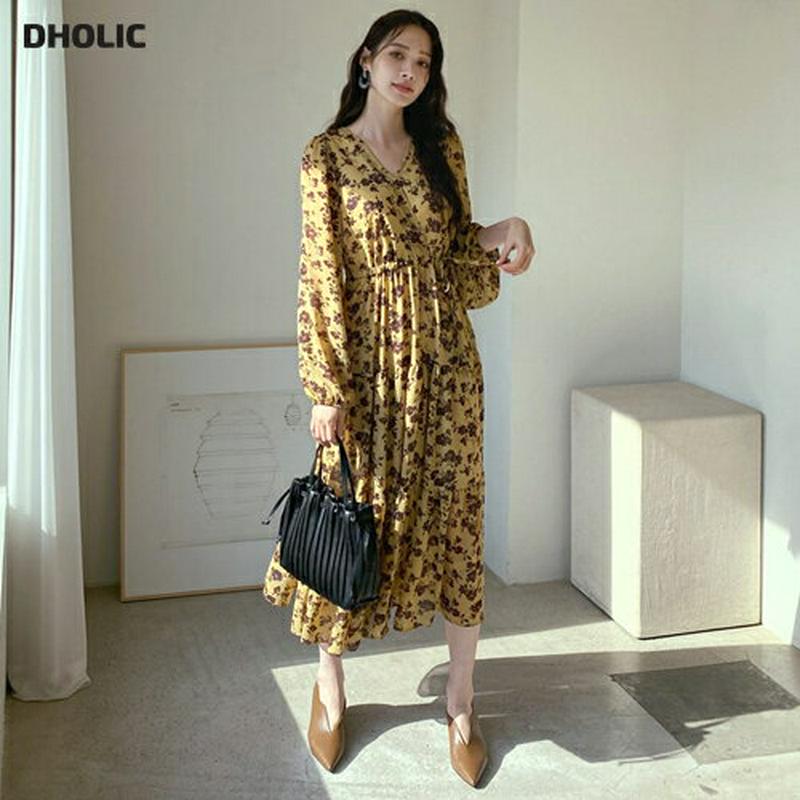 ストリング花柄ワンピース・全2色・b64389 レディース【ops】【韓国 ファッション ワンピース ロングワンピース カシュクール Vネック 鎖骨 デコルテ 長袖 花柄 ストリング フレア 揺れ感 大人 フェミニン 上品 春 秋】【ハイホリHIHOLLI】