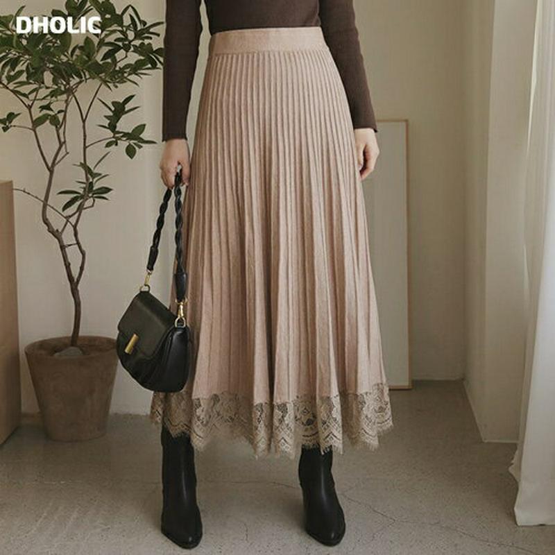 レースヘムプリーツスカート・全2色・b64399 レディース【sk】【韓国 ファッション ボトムス スカート ロング丈 ロングス