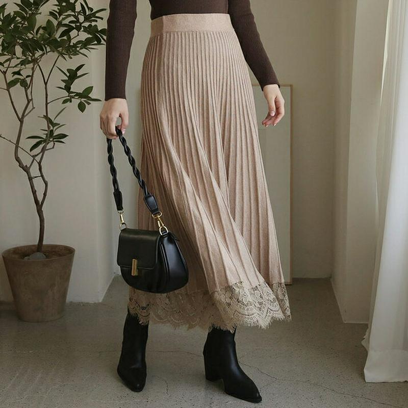 レースヘムプリーツスカート・全2色・b64399 レディース【sk】【韓国 ファッション ボトムス スカート ロング丈 ロングス