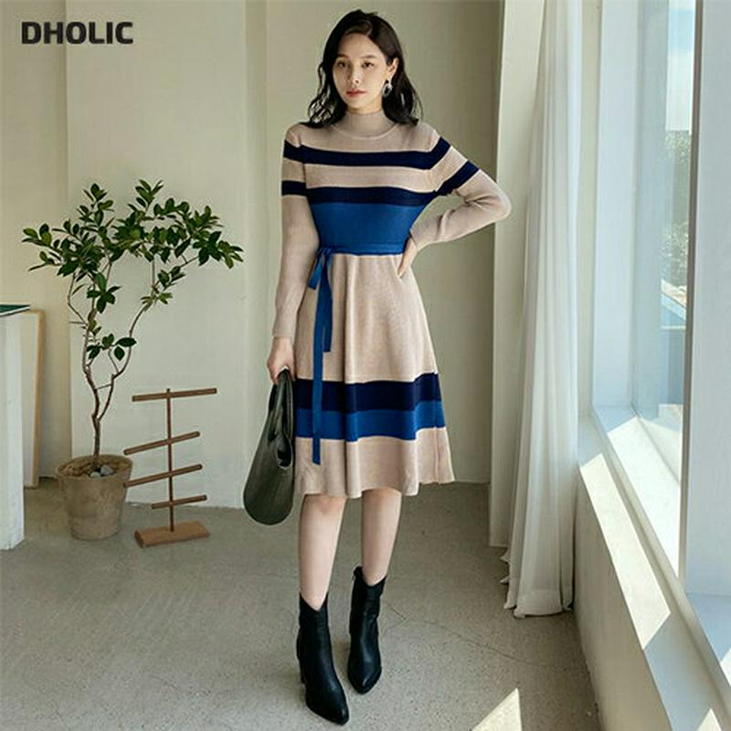 ≪人気商品再入荷≫ストラップ付配色ニットワンピース・全2色・b64393 レディース【ops】 韓国ファッション ワンピース ミディ丈 ニットワンピース Aライン 長袖 ハイネック ストラップ コントラスト 配色 シンプル スリム 大人 秋 ハイホリHIHOLLI
