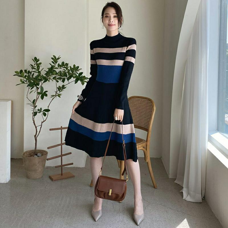 ≪人気商品再入荷≫ストラップ付配色ニットワンピース・全2色・b64393 レディース【ops】 韓国ファッション ワンピース ミディ丈 ニットワンピース Aライン 長袖 ハイネック ストラップ コントラスト 配色 シンプル スリム 大人 秋 ハイホリHIHOLLI