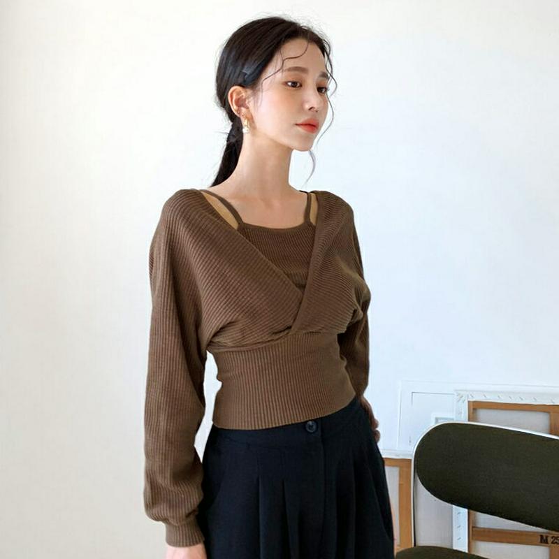 キャミレイヤードVネックTシャツ・全3色・t61269 レディース【tops】【韓国 ファッション トップス Tシャツ ドルマン