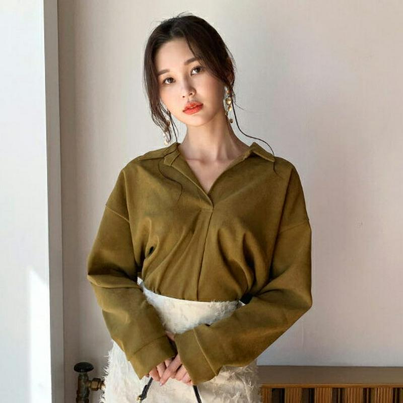 即日配送 スキッパーシャツ・全6色・t61279 レディース【bl】 韓国ファッション トップス シャツ 長袖 ロングスリーブ スキッパー スキッパーシャツ ネックスリット アンバランス丈 生地 シンプル カジュアル 単色 無地 秋 冬