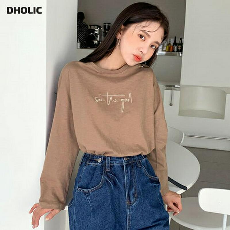 フロントレタリング刺繍Tシャツ・全4色・t61282 レディース【tops】【韓国 ファッション トップス Tシャツ ロングスリ