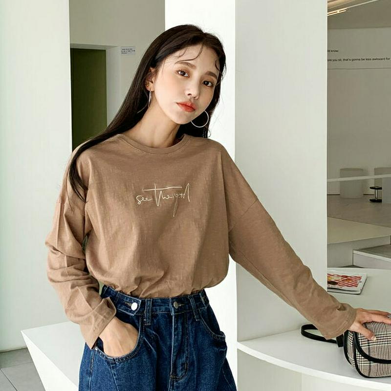 フロントレタリング刺繍Tシャツ・全4色・t61282 レディース【tops】【韓国 ファッション トップス Tシャツ ロングスリ