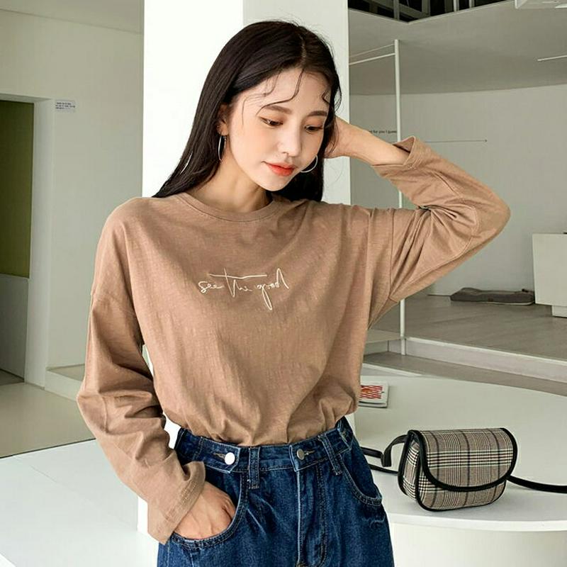 フロントレタリング刺繍Tシャツ・全4色・t61282 レディース【tops】【韓国 ファッション トップス Tシャツ ロングスリ