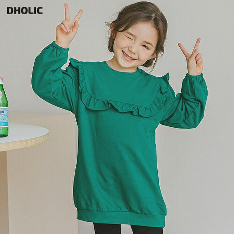 フリルボックススウェット(グリーン)・p006373 キッズ【3~8才】【tops】【トップス スウェット トレーナー 長袖 フリル ガーリー 単色 シンプル 可愛い かわいい 女の子 春 秋 韓国 韓国子供服 子供 こども 子供服 こども服】【KIDS】