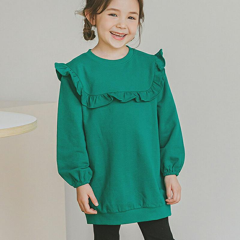 フリルボックススウェット(グリーン)・p006373 キッズ【3~8才】【tops】【トップス スウェット トレーナー 長袖 フリル ガーリー 単色 シンプル 可愛い かわいい 女の子 春 秋 韓国 韓国子供服 子供 こども 子供服 こども服】【KIDS】