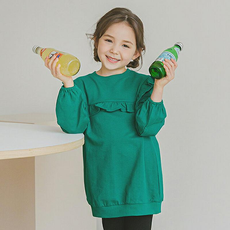 フリルボックススウェット(グリーン)・p006373 キッズ【3~8才】【tops】【トップス スウェット トレーナー 長袖 フリル ガーリー 単色 シンプル 可愛い かわいい 女の子 春 秋 韓国 韓国子供服 子供 こども 子供服 こども服】【KIDS】