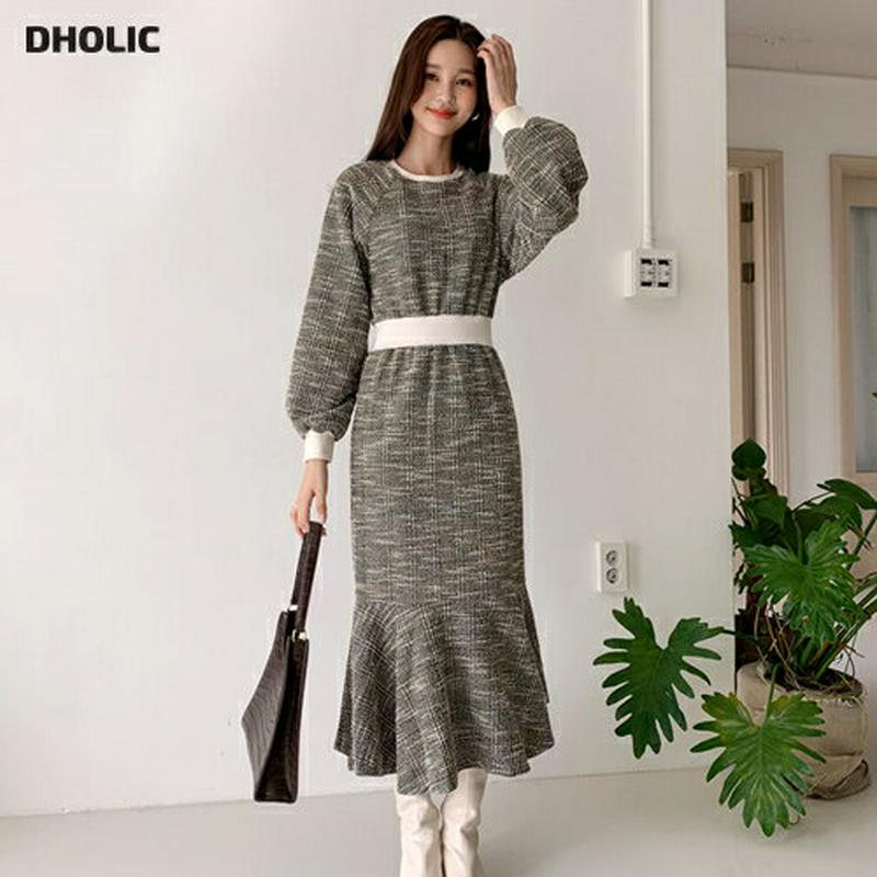 ツイードマーメイドワンピース・全2色・b56987 レディース【ops】【韓国 ファッション ワンピース ロングワンピース ラウンドネック 長袖 ラグランスリーブ マーメイド ツイード リブ 配色 大人 上品 フェミニン 秋 冬】