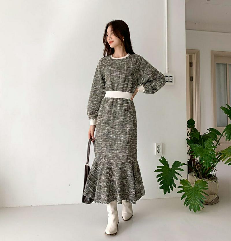 ツイードマーメイドワンピース・全2色・b56987 レディース【ops】【韓国 ファッション ワンピース ロングワンピース ラウンドネック 長袖 ラグランスリーブ マーメイド ツイード リブ 配色 大人 上品 フェミニン 秋 冬】