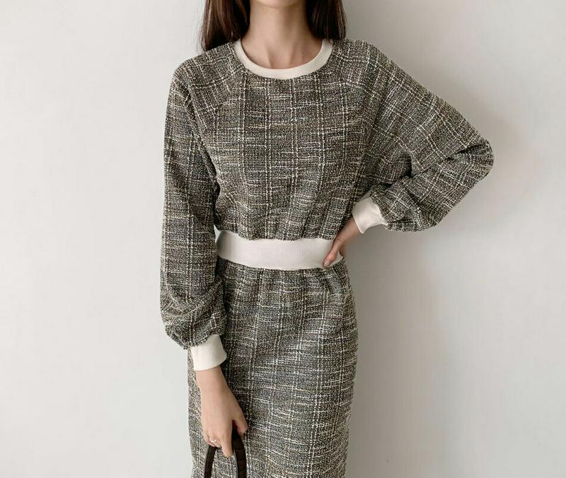 ツイードマーメイドワンピース・全2色・b56987 レディース【ops】【韓国 ファッション ワンピース ロングワンピース ラウンドネック 長袖 ラグランスリーブ マーメイド ツイード リブ 配色 大人 上品 フェミニン 秋 冬】