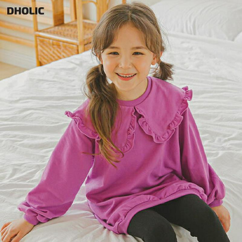 フリルカラーロングスウェット(パープル)・p006365 キッズ【3~8才】【tops】【トップス スウェット トレーナー ロング フリル ガーリー 可愛い かわいい 単色 春 秋 冬 女の子 韓国 韓国子供服 子供 こども 子供服 こども服】【KIDS】