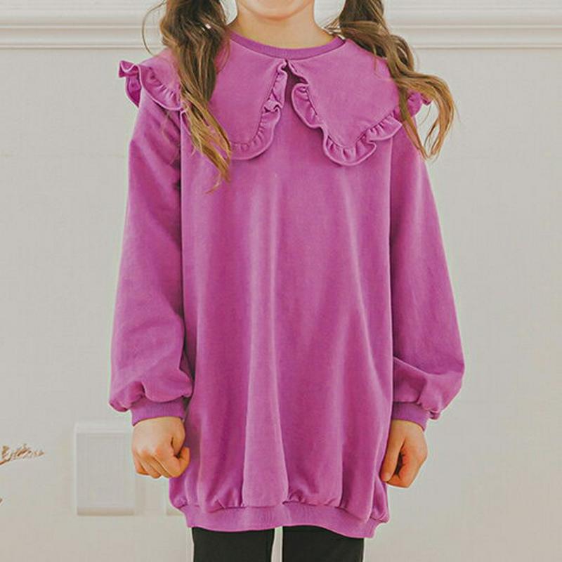 フリルカラーロングスウェット(パープル)・p006365 キッズ【3~8才】【tops】【トップス スウェット トレーナー ロング フリル ガーリー 可愛い かわいい 単色 春 秋 冬 女の子 韓国 韓国子供服 子供 こども 子供服 こども服】【KIDS】