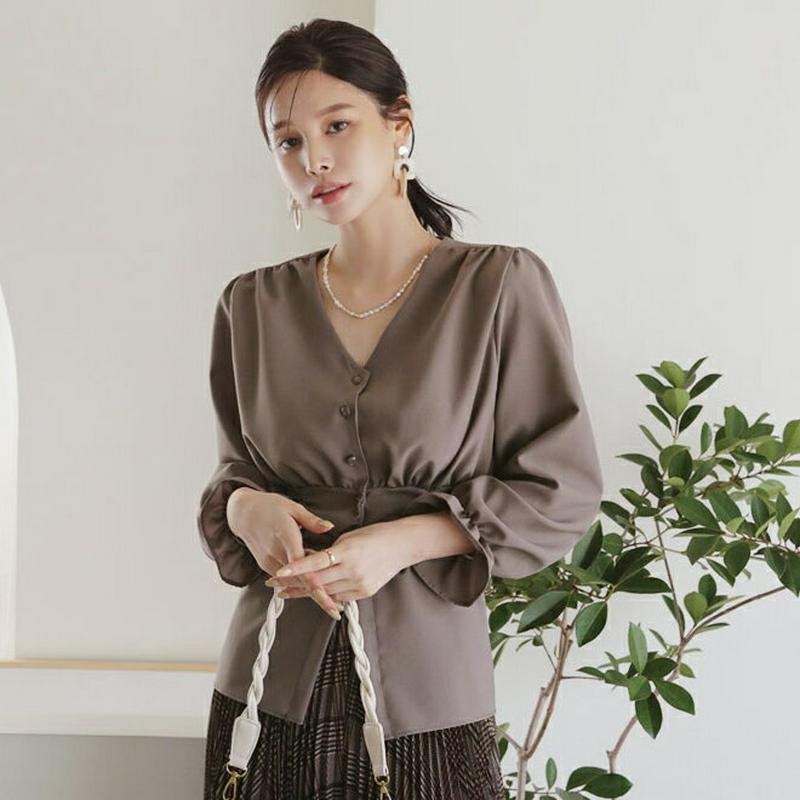 ギャザーVネックブラウス・全4色・t64377 レディース【bl】【韓国 ファッション トップス ブラウス ロングスリーブ 長袖