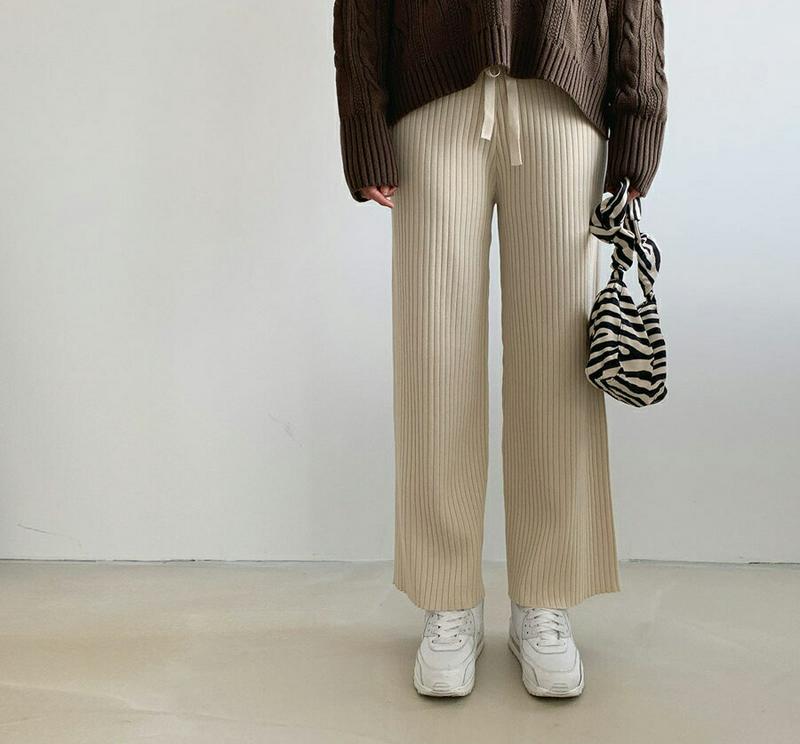 リボンリブニットパンツ・全4色・b60835 レディース【pt】【韓国 ファッション ボトムス ズボン パンツ ロングパンツ ニ