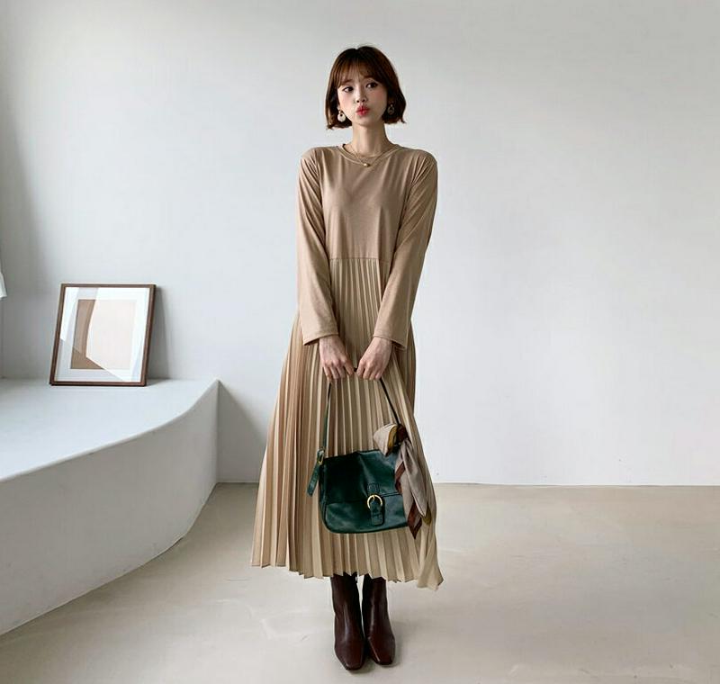 プリーツコントラストワンピース・全2色・b60828 レディース【ops】【韓国 ファッション ワンピース ロングワンピース 長