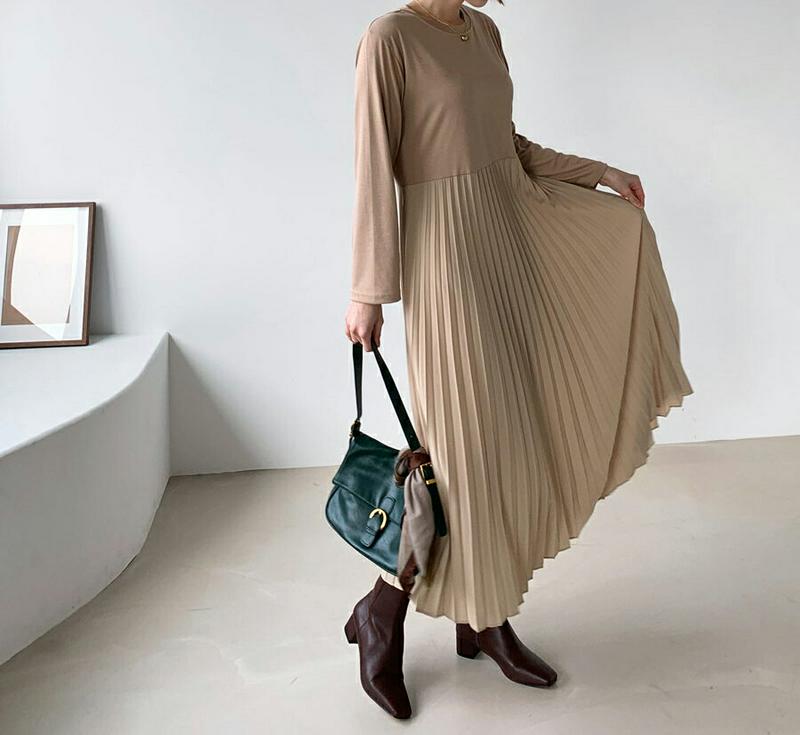 プリーツコントラストワンピース・全2色・b60828 レディース【ops】【韓国 ファッション ワンピース ロングワンピース 長