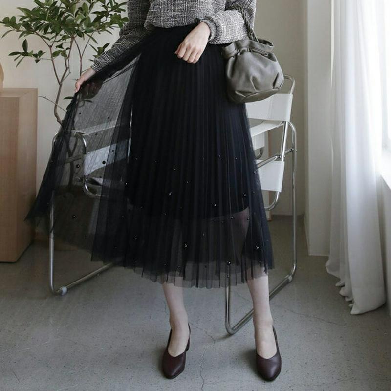 パールチュールスカート・全2色・b64403 レディース【sk】【韓国 ファッション ボトムス スカート ロング丈 ロングスカー