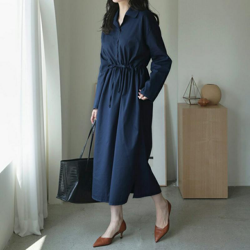 ドロストシャツワンピース・全2色・b64390 レディース【ops】【韓国 ファッション ワンピース ロングワンピース シャツ 