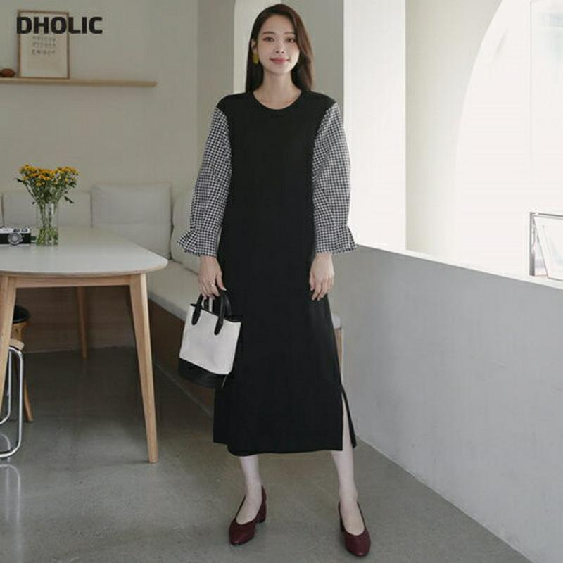チェックスリーブワンピース・全3色・b64391 レディース【ops】【韓国 ファッション ワンピース ロングワンピース 長袖 