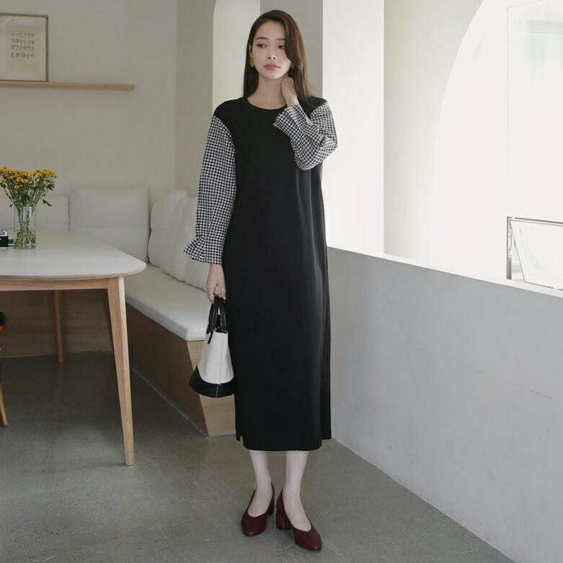チェックスリーブワンピース・全3色・b64391 レディース【ops】【韓国 ファッション ワンピース ロングワンピース 長袖 